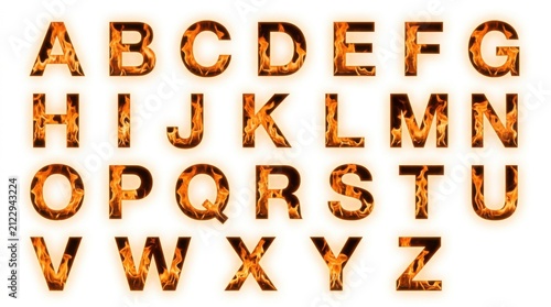 Flaming alphabet letters in a complete set fiery style with a white background uppercase lowercase font typeface typography fire flames burning incandescent hot