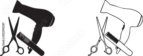Hair salon equipment icons with scissors comb and hair dryer for beauty business