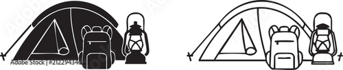 Camping tent with backpack and lantern icon set for outdoor adventure travel design