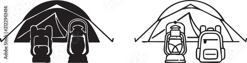 Camping gear icons featuring tent backpack and lantern for outdoor adventure travel concepts