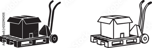 Cardboard box on wooden pallet with hand truck for logistics and shipping services