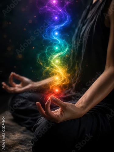 Meditative hands in mudra with rainbow chakra energy spiraling upward against a tranquil dark background
