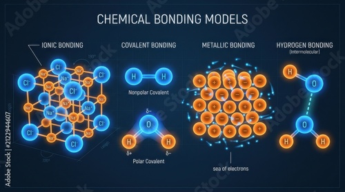 Chemical bonding models illustration with ionic covalent metallic and hydrogen bonds molecular structure atomic sodium chloride polar nonpolar electron configuration sea intermolecular forces