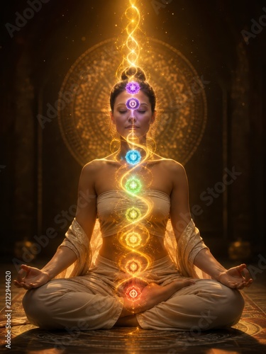 golden kundalini energy rising through illuminated chakras during deep meditation in a sacred minimalist scene