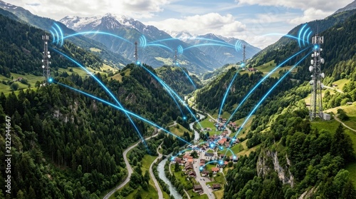 Cellular towers with connecting light trails in a mountainous landscape tower mobile telecommunications radio mast communication infrastructure wireless network signal transmission mountain range