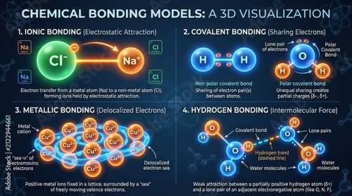 Chemical bonding models a 3d visualization of ionic covalent metallic and hydrogen bonds atomic structure bond delocalized electrons electrostatic attraction electron configuration lattice