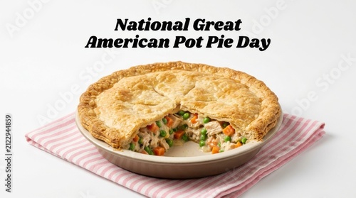 Chicken pot pie on a pink and white striped cloth a baked savory dish comfort food home cooking meal cuisine gastronomy culinary crust