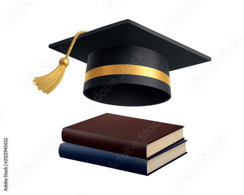 Realistic 3D graduation cap floating above stacked books, academic education symbol