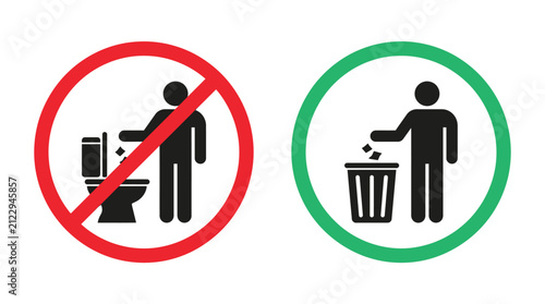 Instructional signs showing forbidden disposal in toilets and correct trash bin usage for public washrooms area