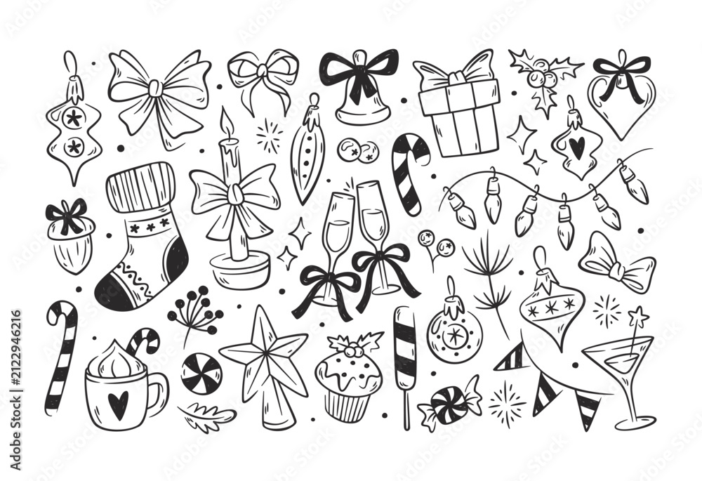 Obraz premium Christmas Doodle Elements Holiday Set Line Art