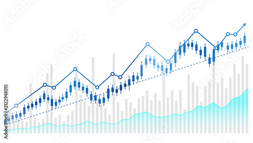 Modern Business Stock Market Analytics Background with Rising Candlestick Chart, Trend Graph and Financial Data Visualization