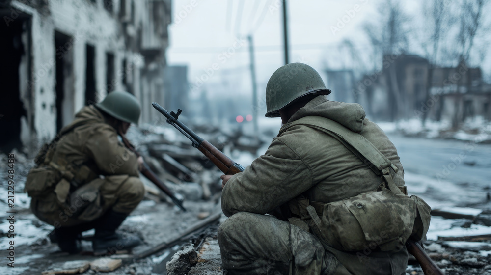 Obraz premium Soldiers in uniform crouch in war-torn city ruins during winter