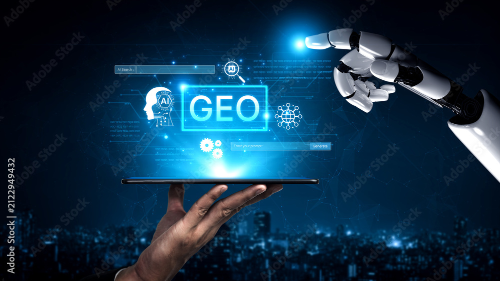 Naklejka premium Digital marketing concept featuring GEO strategy. Generative AI search visual shows GEO interface integrating intelligence, logic, and AI input system for prompt tasks. Corpus