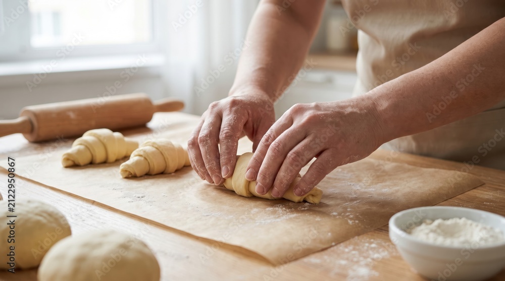 Fototapeta premium Baker hands rolling fresh dough into croissants on a wooden table