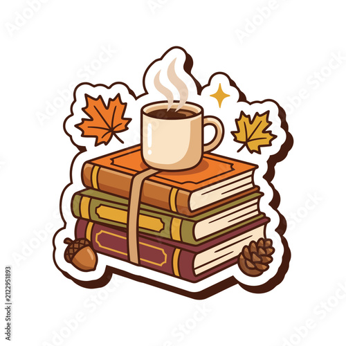 Autumn books stack with coffee mug. Cozy fall reading sticker with leaves and acorns.