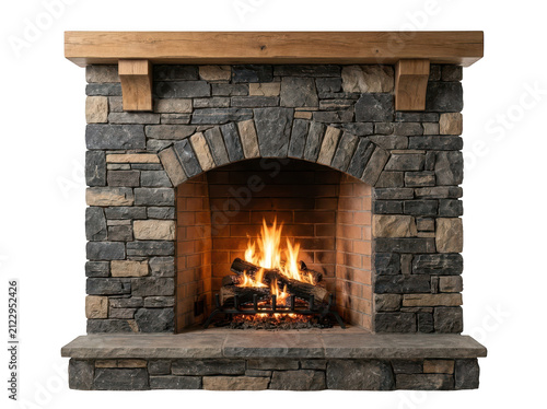 Rustic stone fireplace with a burning fire and wooden mantel isolated on transparent background