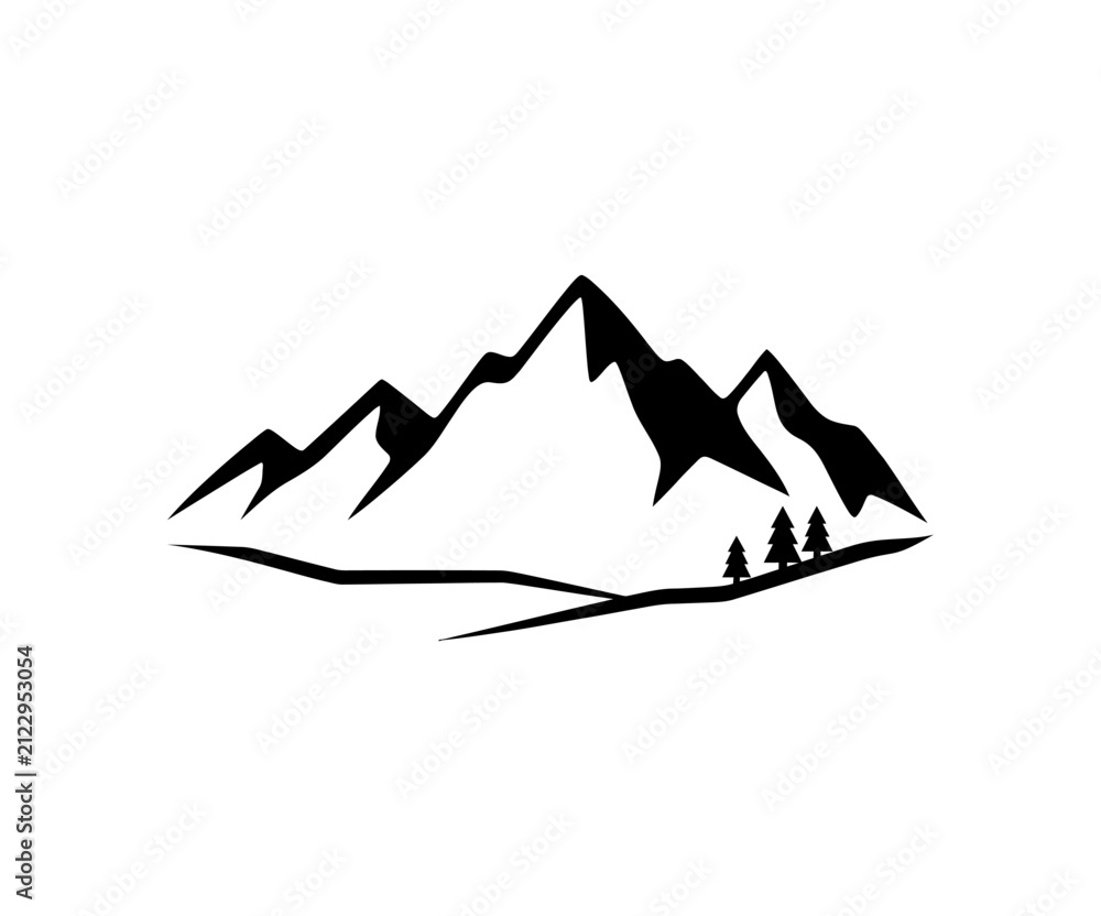 Fototapeta premium Minimalist black and white illustration of mountain peaks with a small cluster of pine trees at the base, depicting a serene natural landscape.