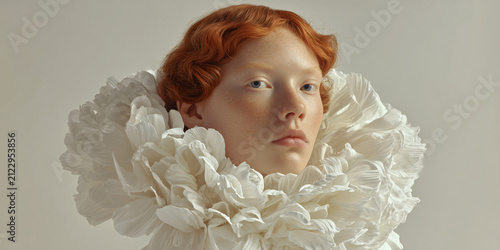 A portrait of a young woman with auburn hair, wearing a voluminous white ruffled collar, reminiscent of historical fashion. Her gaze is directed away from the viewer.