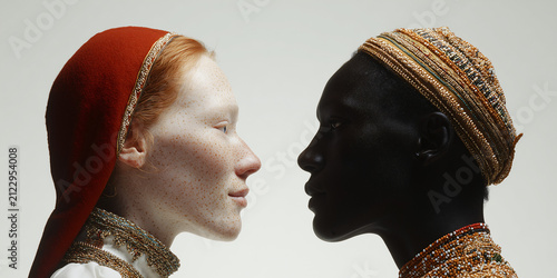 Two people in profile, facing each other, one with fair skin and a red head covering, the other with dark skin and a patterned head covering