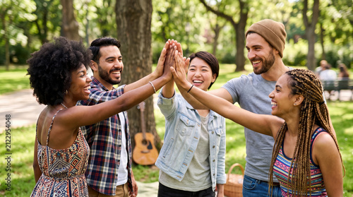 Diverse group of young friends giving high five together at sunny park cheerful multiethnic college students celebrating success outdoors team unity