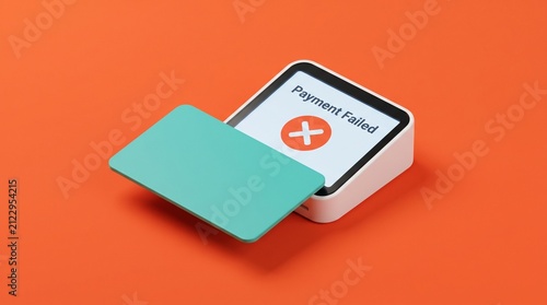 Payment failed transaction, a white square credit card reader displaying 'Payment Failed' with a red cross icon, a teal green credit card inserted, financial error concept