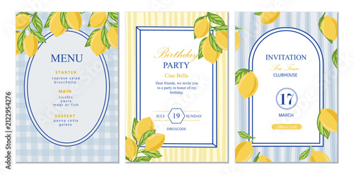 Italian set cards template design. Mediterranean ceramic patterns and tiles with lemons in blue, white and yellow tones. Banners for invintation menu