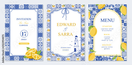 Italian set cards template design. Mediterranean ceramic patterns and tiles with lemons in blue, white and yellow tones. Banners for invintation menu