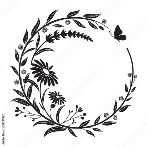 Wildflower Wreath Silhouette Frame – Circular Botanical Floral Border
