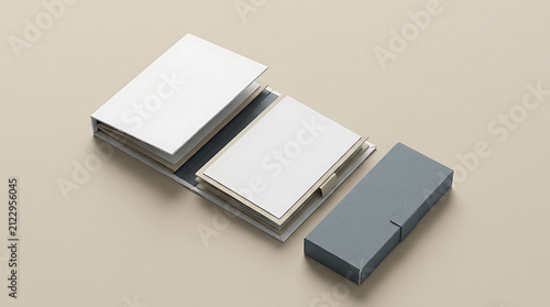 Open stationery folder with blank paper sheets and a matching gray slipcase box mockup