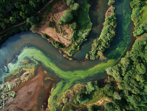 River water pollution with algae bloom aerial view