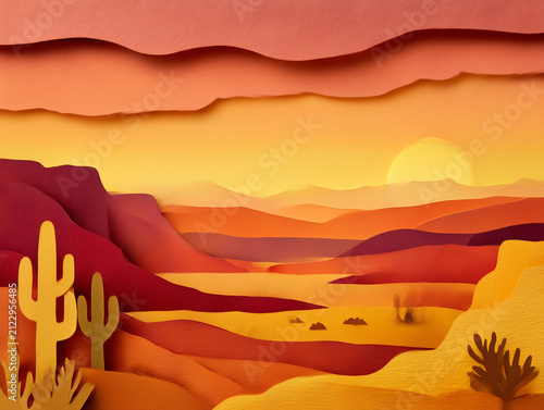 Paper cut desert landscape with setting sun and saguaro cactus