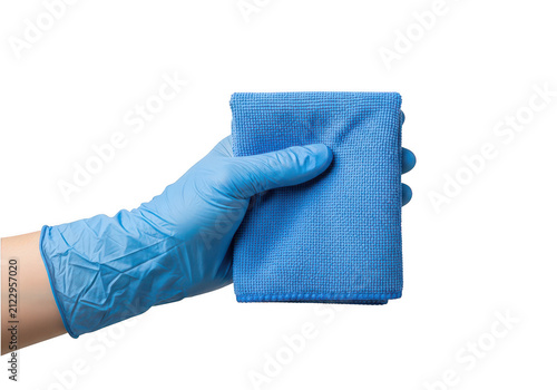 Blue sponge and gloved hand cleaning isolated on transparent background