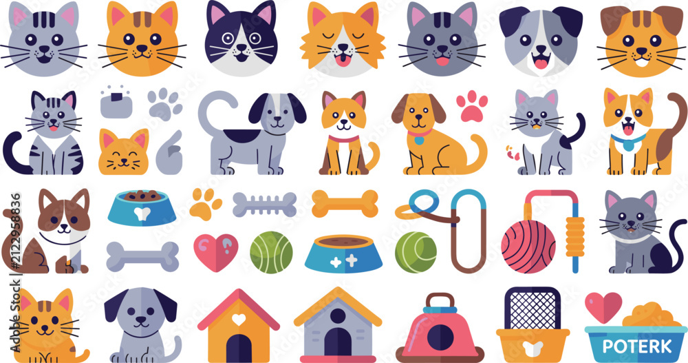 Obraz premium Cute Pet Icon Set Featuring Flat Vector Illustrations of Cats, Dogs, Puppies, Kittens, and Animal Care Elements for Graphic Design