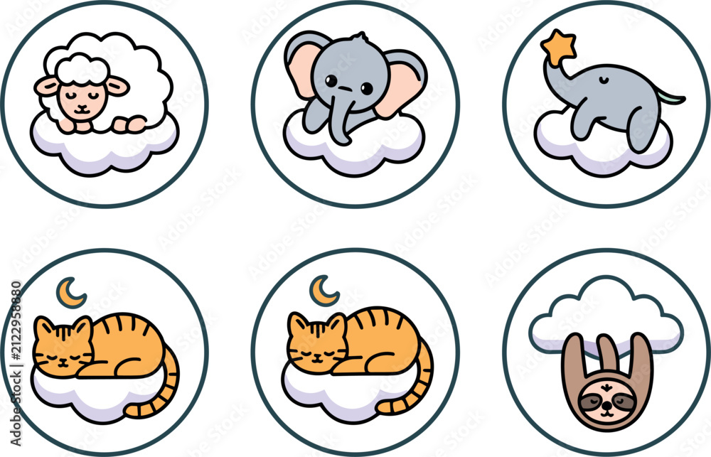 Fototapeta premium Cute Sleeping Animals Icon Badge Set with Kawaii Elephant Cat Sheep and Sloth on Clouds for Baby Nursery Decor Designs