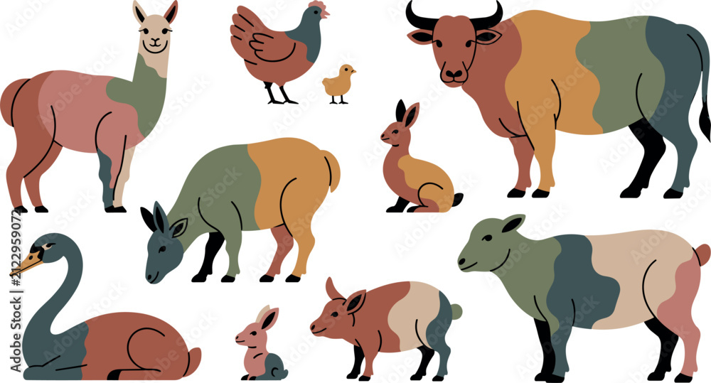 Naklejka premium Farm Animals and Poultry Vector Collection with Cow Sheep Pig and Llama for Organic Agriculture Brand Graphic Designs