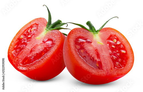 Two tomatoes halves isolated. Cut in a slice of tomato isolate. Half of tomato.