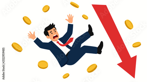 Distressed businessman falling downward amid scattered gold coins with red descending arrow depicting financial loss, bankruptcy, market crash, recession, and economic decline concept