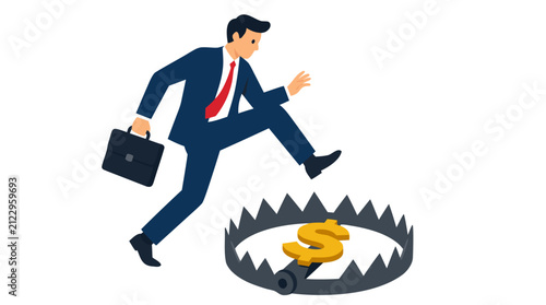 Businessman in suit carefully stepping over open bear trap with golden dollar sign bait, flat color vector illustration depicting financial risk, danger, and monetary trap concept