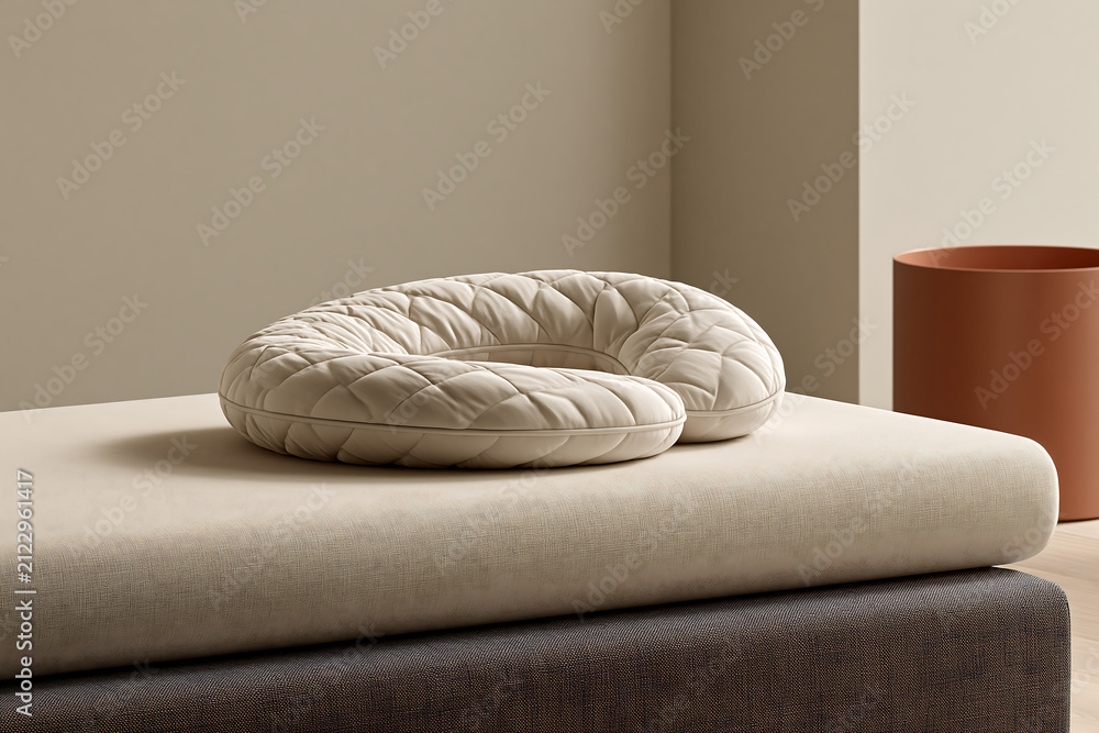 Obraz premium Quilted cream neck pillow on a beige bench with a dark grey base and orange cylinder accent