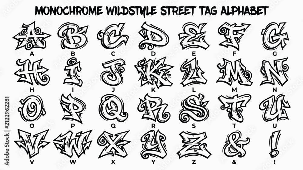 Obraz premium Wildstyle Graffiti Alphabet Set - Monochrome Street Tag Font Vector Letters A-Z