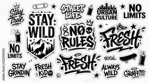 Urban Street Style Typography Sticker Set - Graffiti Slogan and Icons Vector Bundle