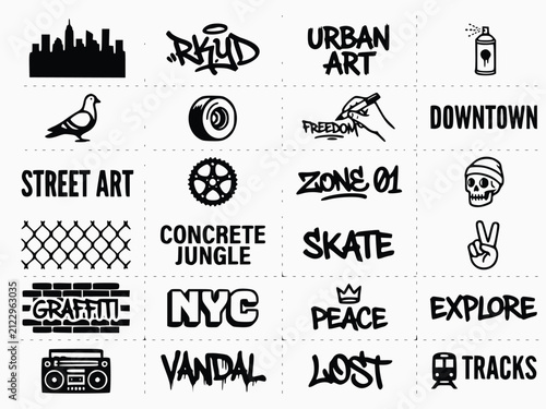 Urban Street Art Sticker Set - Graffiti-Style Typography and Icons Vector Bundle