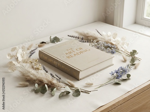 Closed book with green plants on a wooden table