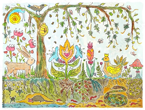 Magical forest and underworld, fairytale watercolour illustration