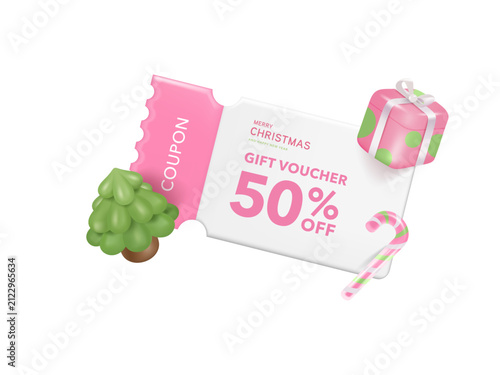 3D Gift voucher with coupon. For Christmas sales and Discount online purchases. In pink tones isolated background. 3d vector.