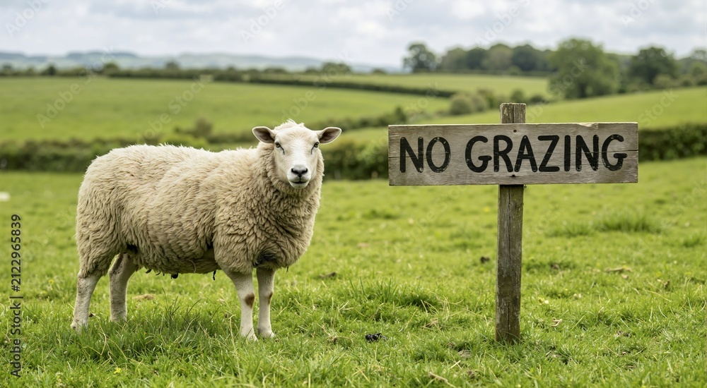 Fototapeta premium Sheep standing in a green pasture next to a wooden No Grazing sign. Humorous rural farming concept with animal ignoring rules