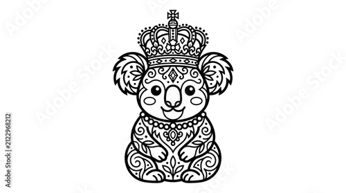 Photography Cute Koala Wearing Ornate Crown and Jewelry Line Art