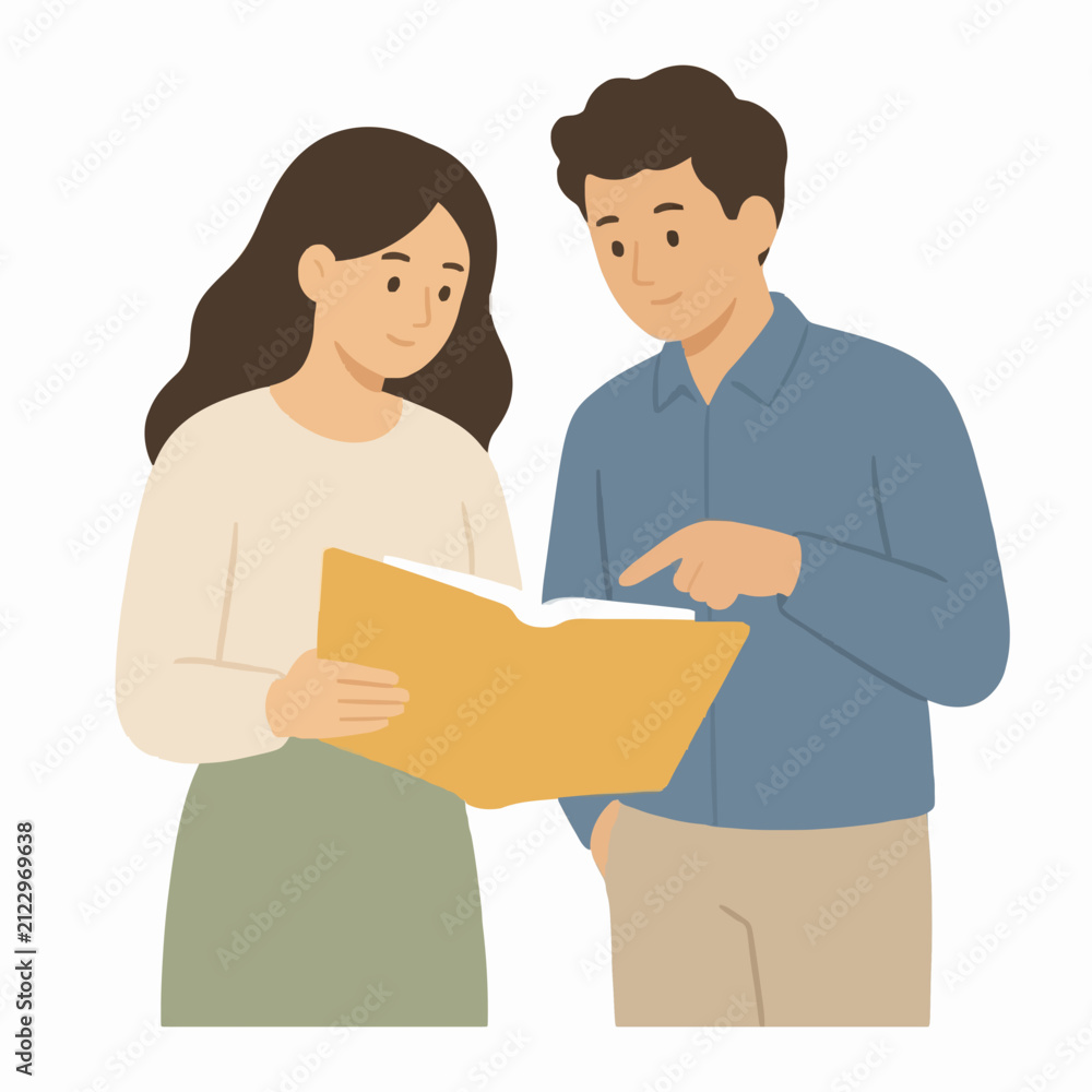 Obraz premium Two young coworkers collaborating over an open yellow folder illustration vector icon, hand-drawn flat design showing a friendly man and woman reviewing documents together at the office