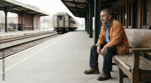 Senior Hispanic railway employee resting on bench at empty station. Tired older worker sitting on platform with train in background. Hard physical labor theme