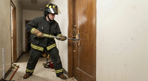Firefighter using a Halligan bar to pry open a wooden door. First responder in full protective gear performing forced entry in a hallway